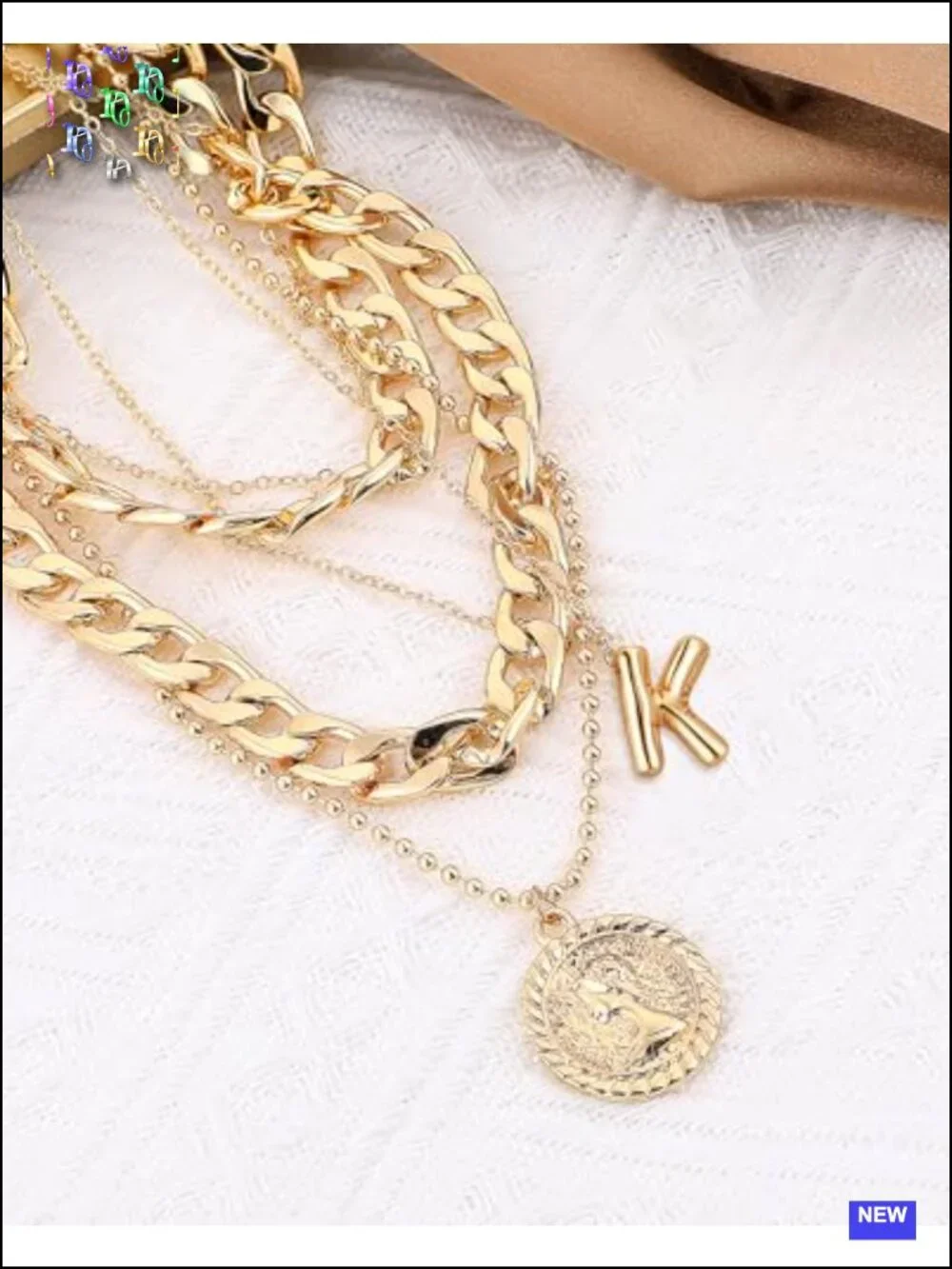 Layered Initial Coin Pendant Necklace Set 3 PCS Dainty Chunky Chain Alloy